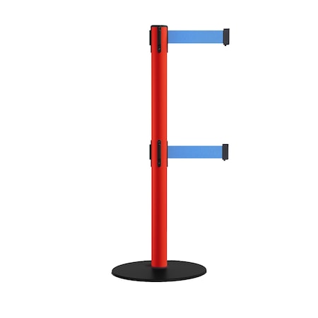 Montour Line Retractable Dbl Belt 2.5" Red Post , Low Base, 9' Lt Blu Belt S400D-RD-LBL-90